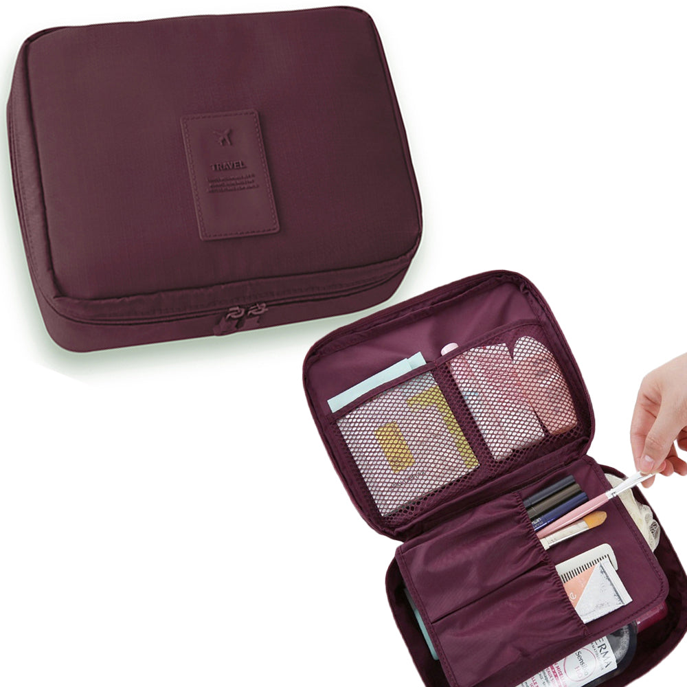 Travel Toiletry Bag with Makeup Brush Organizer Pouch Cosmetic Storage Makeup Bag Wine Red
