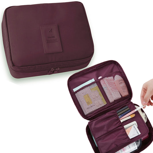 Travel Toiletry Bag with Makeup Brush Organizer Pouch Cosmetic Storage Makeup Bag Wine Red
