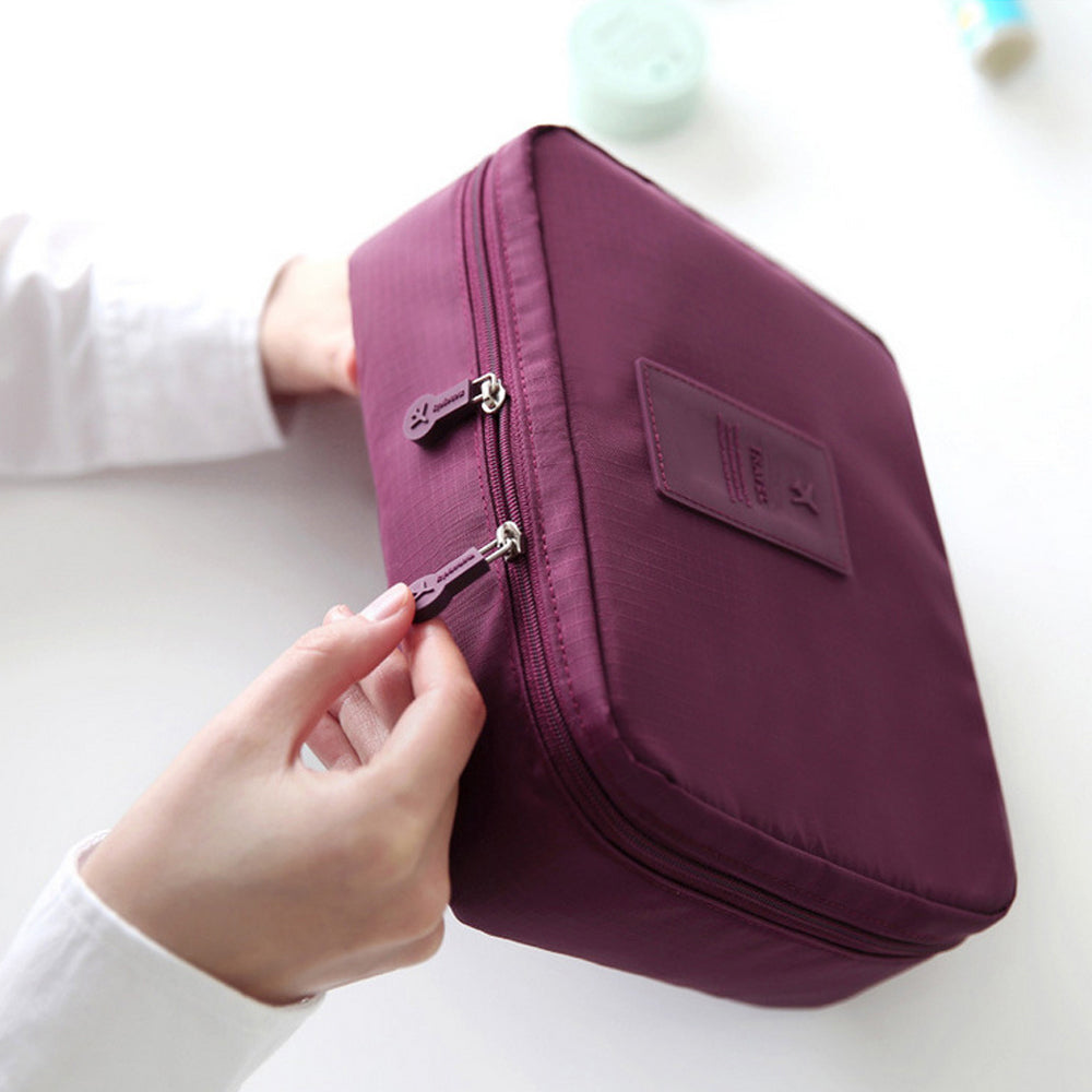 Travel Toiletry Bag with Makeup Brush Organizer Pouch Cosmetic Storage Makeup Bag Wine Red