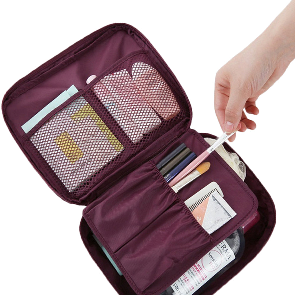 Travel Toiletry Bag with Makeup Brush Organizer Pouch Cosmetic Storage Makeup Bag Wine Red