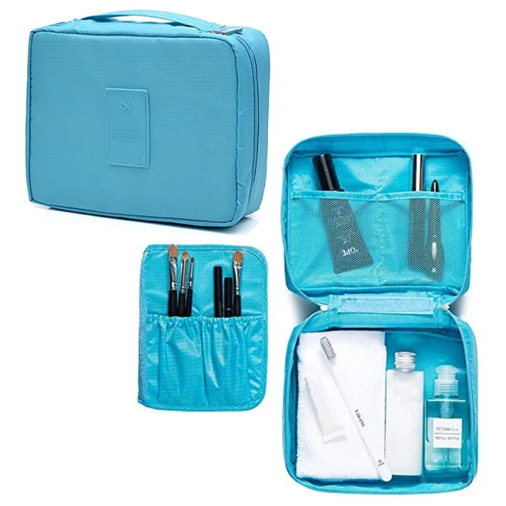 Travel Toiletry Bag with Makeup Brush Organizer Pouch Cosmetic Storage Makeup Bag Sky Blue Wine Red