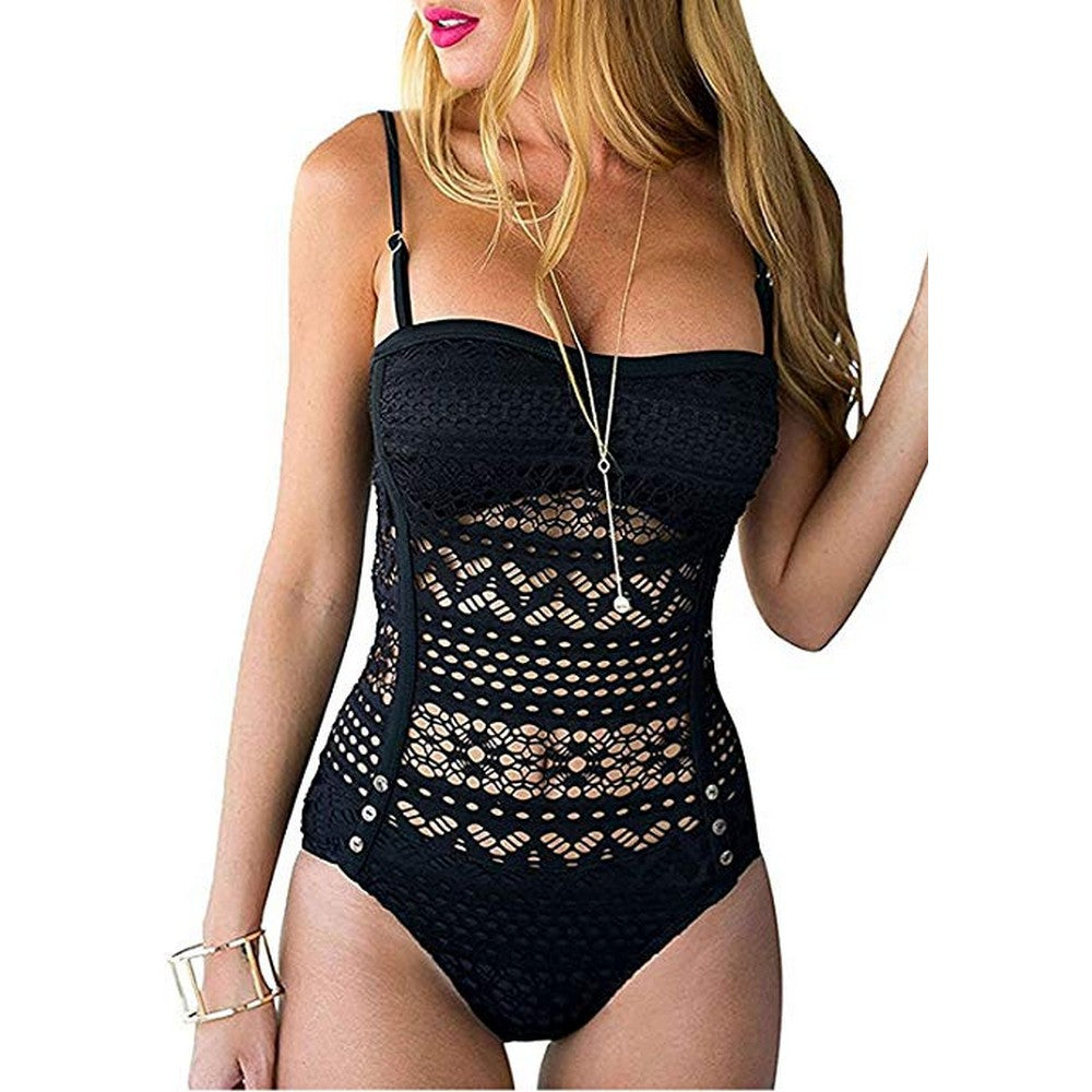 Womens Crochet Lace Halter Straps Swimsuits Black