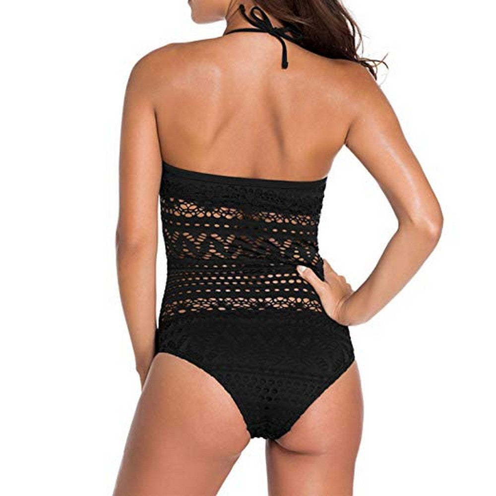Womens Crochet Lace Halter Straps Swimsuits Black