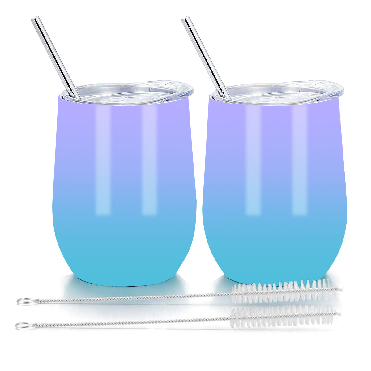 2 Pack 12 OZ Gradient Colour Stainless Steel Wine Glass with Lids and Straws Blue